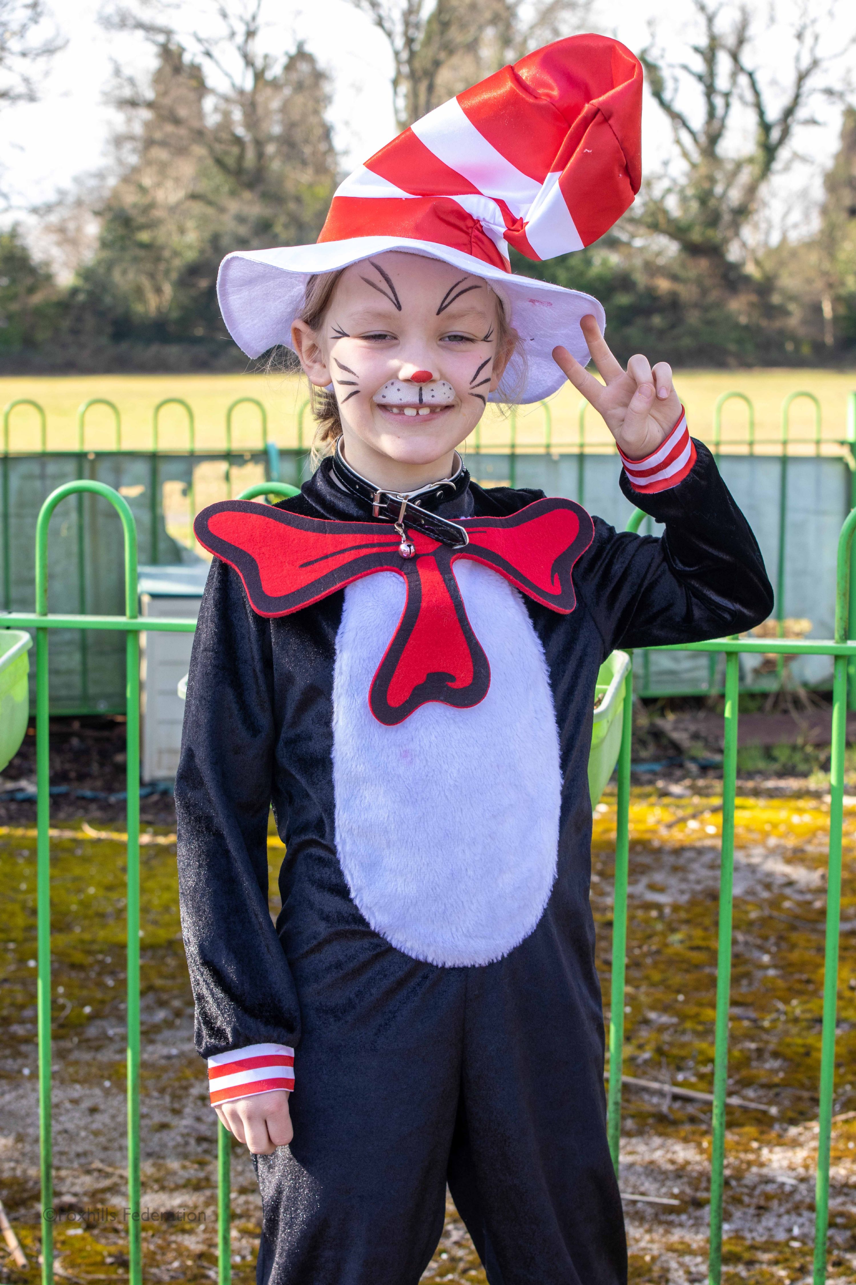 A child is dressed as The Cat in the Hat